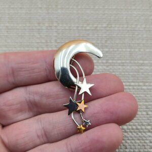 Sterling Silver Moon And Stars Handmade Pin Brooch A5527
